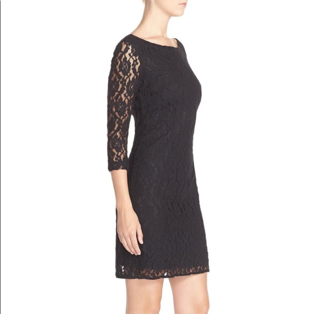 Leota illusion sleeve black lace sheath dress